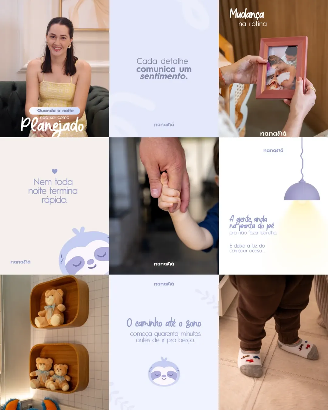 Feed do Instagram da Nanana criado pela Humanize: fotos de bebês e família alternadas com posts em lilás sobre a rotina do sono